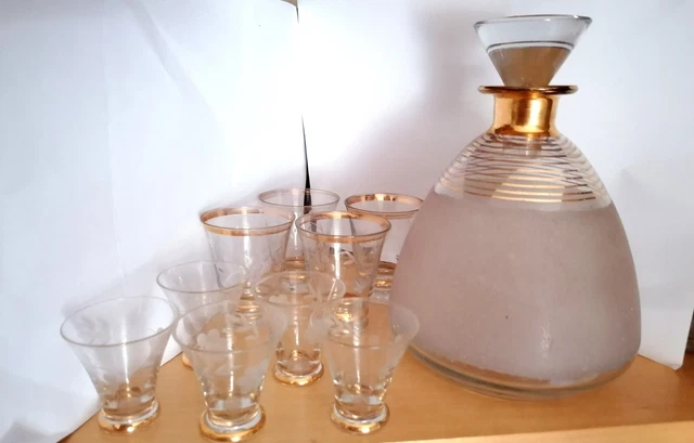 SERVICE À LIQUEUR Verre Granité filet or Vintage 50 - Carafe et 9