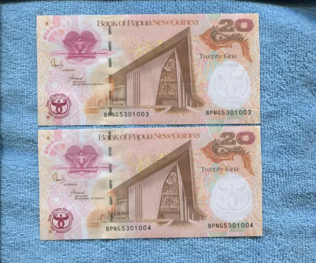 Consecutive Pair  Papua New Guinea 20 Kina paper Banknotes  E-132