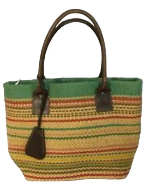 GAP Rainbow Stripe Jute Leather & Straw Tote Bag Beach New With Tags