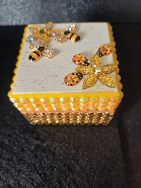 Jewellery trinket box with bumble bees, lady birds, crystal flower and diamantes