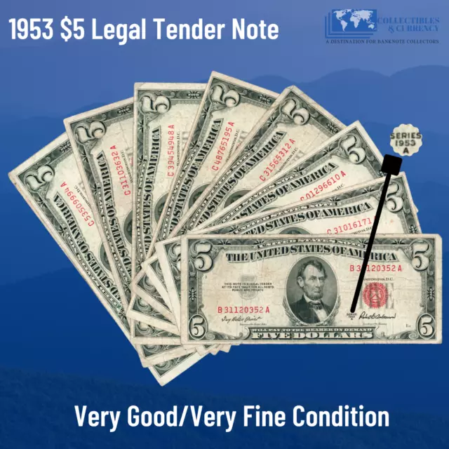 ✔ One 1953 Red Seal $5 Legal Tender Notes, VG/VF, Old US FIVE Dollars Bill