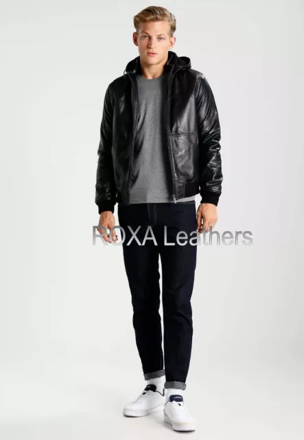 MEN'S CASUAL URBAN Genuine Lambskin Pure Leather Jacket Hooded Black ...