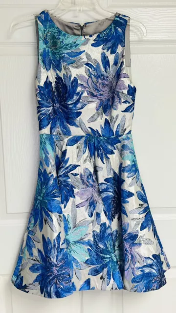 Alice + Olivia Foss Blue Floral Jacquard Fit Flare Dress Size 2 Cut Out Back