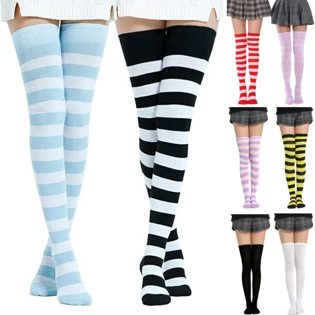 1/2x Womens Extra Long Cotton Stripe Thigh High Socks Over the Knee High Socks