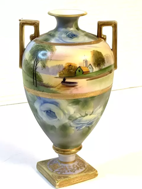 Antique Nippon Morimura 2 Handled Vase w/ Hand Painted Landscape 8 1/2"