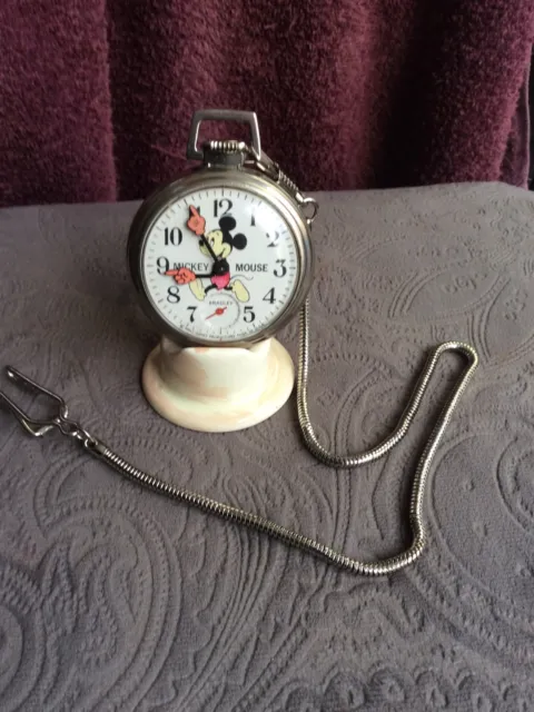 Vintage Mickey Mouse Bradley Pocket Watch Working With Albert Chain