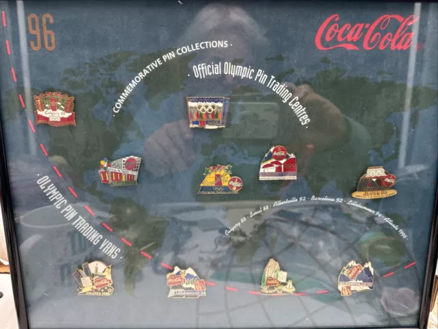 Coca-cola 96 OLYMPIC GAMES COMMEMORATIVE 10 PIN COLLECTION - FRAMED 13" X 9"