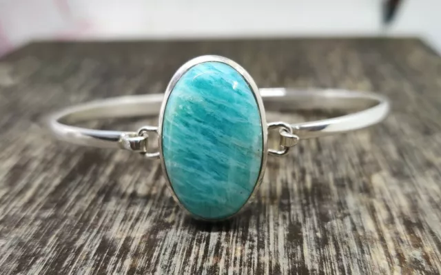 925 Solid Sterling Silver Natural Splendid Amazonite Oval Royal Handmade Bangle 2