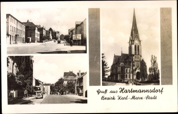 Ak Hartmannsdorf in Sachsen, Kirche, Straßenpartie - 3995169