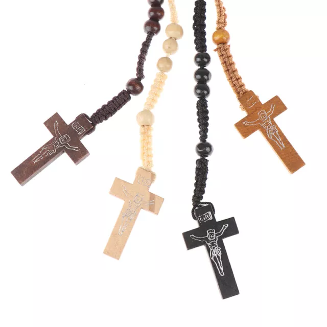 1Pc Christ Jesus Wooden Beads Rosary Bead Cross Pendant Catholic Cross Neckl-wf