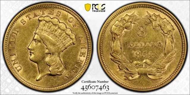1854 PCGS AU Detail | Gold Indian Princess - $3 Dollar US Coin #43214A