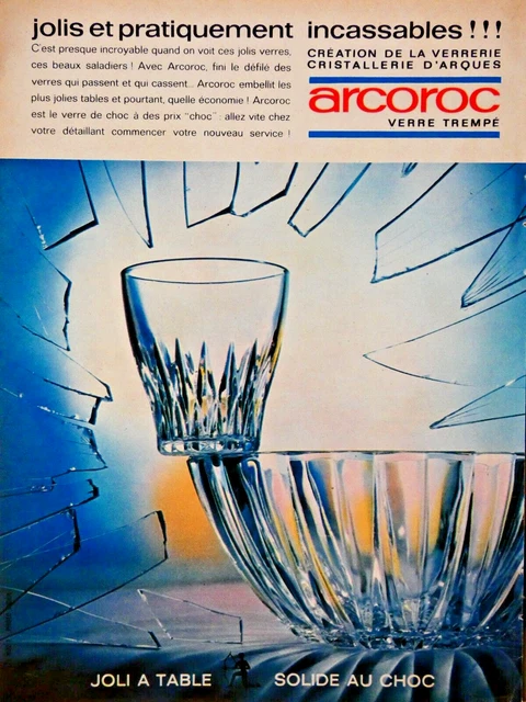 PUBLICITÉ DE PRESSE 1963 ARCOROC Verrerie cristalleries D'arques Verre trempé