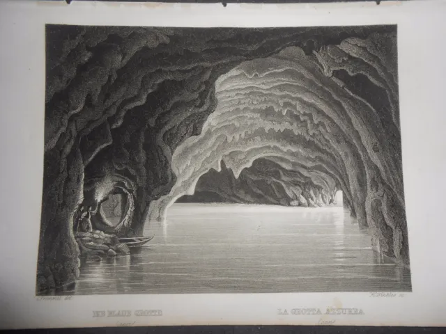 1840 Frommel Incisione Su Acciaio Veduta Della Grotta Azzurra Capri Napoli
