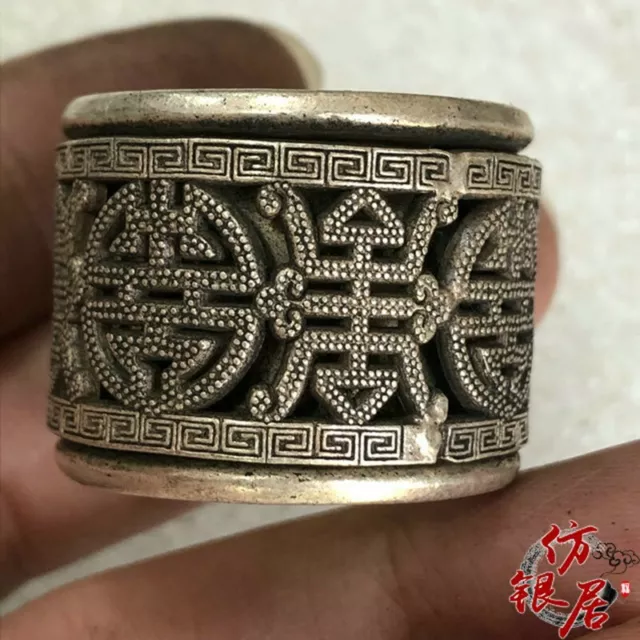 Exquisite Old Chinese tibet silver handcarved flower Pull finge Ring statue 9025 3