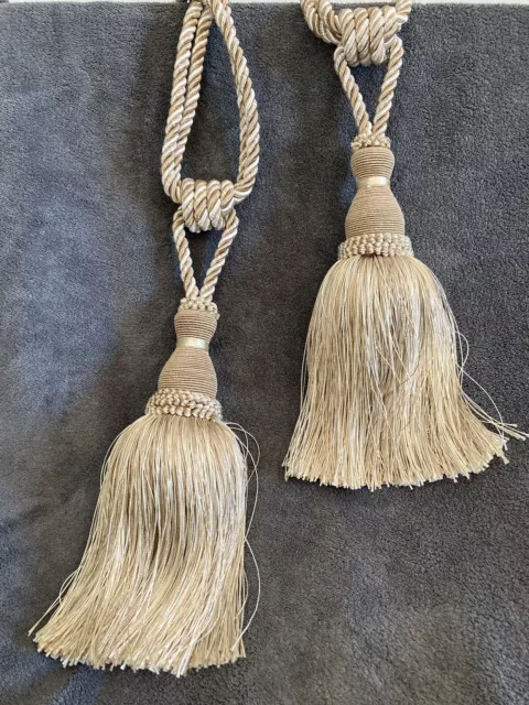 Large Drapery Curtain Tassels Rope Tie Backs 9” Tassel 24” Long Beige Gold Ivory