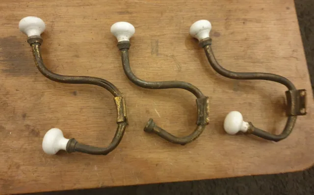 3 x Old victorian brass hooks with ceramic ends (one end missing)