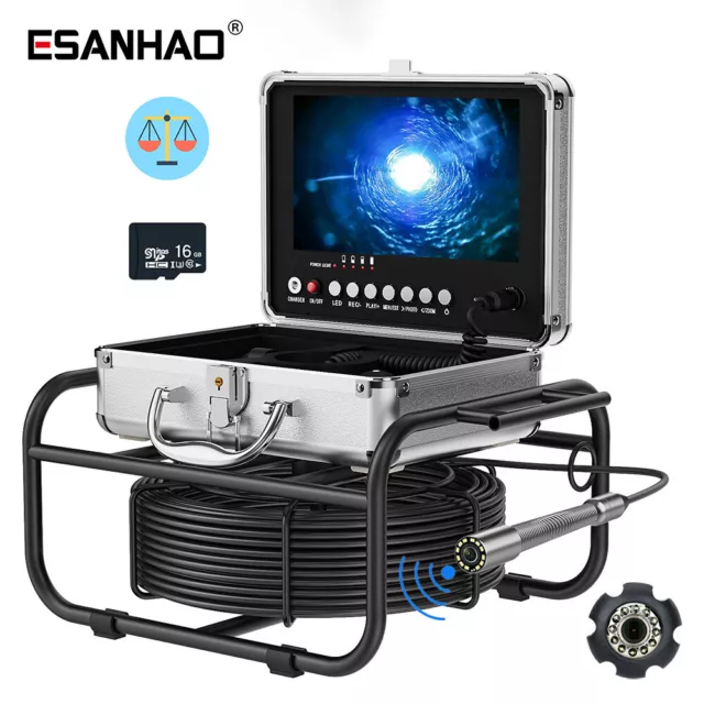 512HZ Drain Sewer Camera Pipe Inspection Camera Self-leveling DVR 16GB 9'' 50M