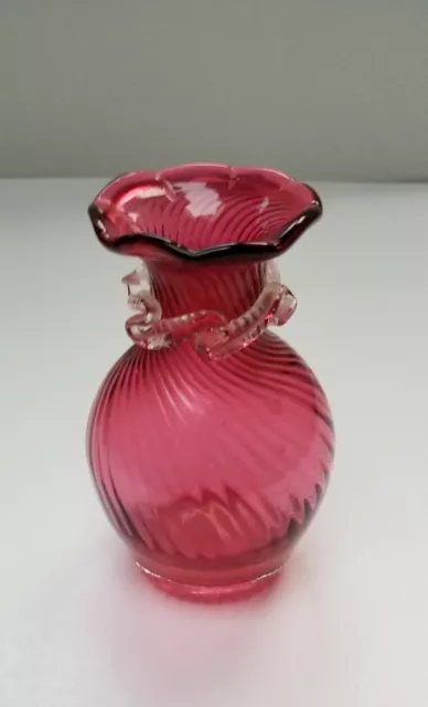 Ribbed Swirl 4.5” Cranberry Glass Vase Ruffle Opening Applied Rigaree Art Glass