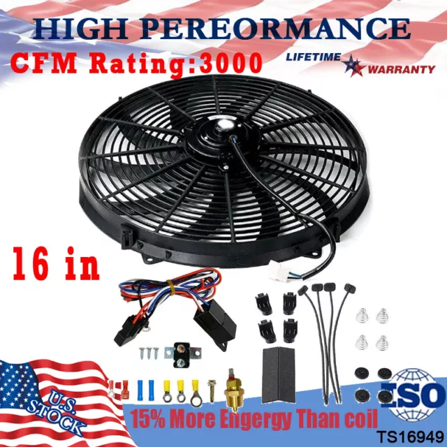 16" INCH 3000+CFM Black Electric Radiator Fan Thermostat Wiring Switch Relay Kit