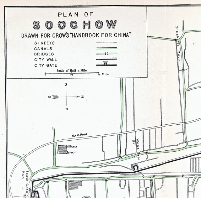 1933 Suzhou China Map Soochow Jiangsu Province Pagoda Temple Railways Crow