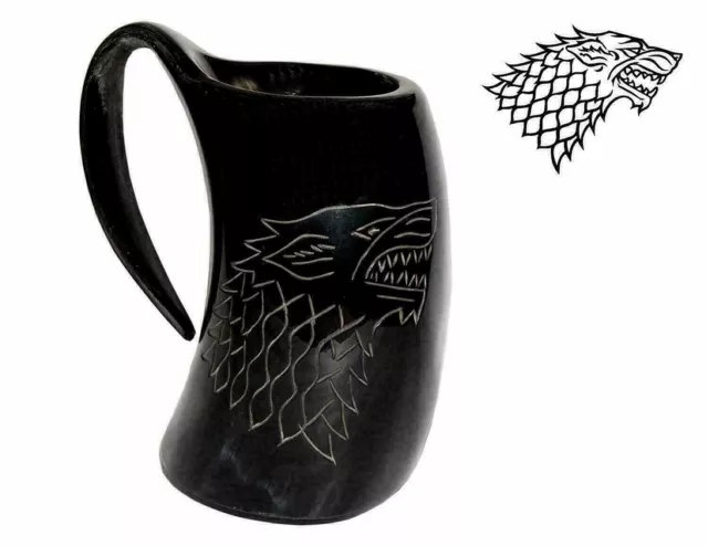 Viking Drinking Horn Mug Wolf Carved Tankard Beer Game of Thrones Black mug Gift