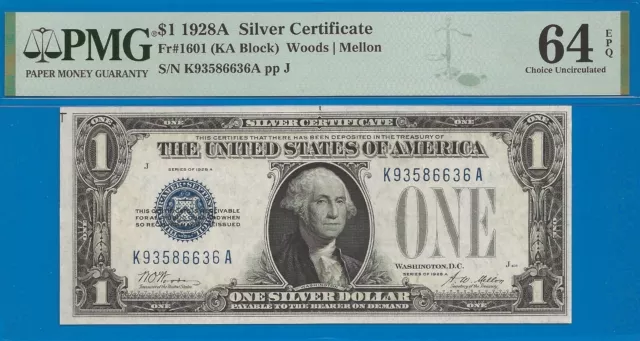 FR-1601 ✅ 1928-A $1 S/C (( Blue Seal 🔴 KA Block )) PMG 64EPQ # K93586636A