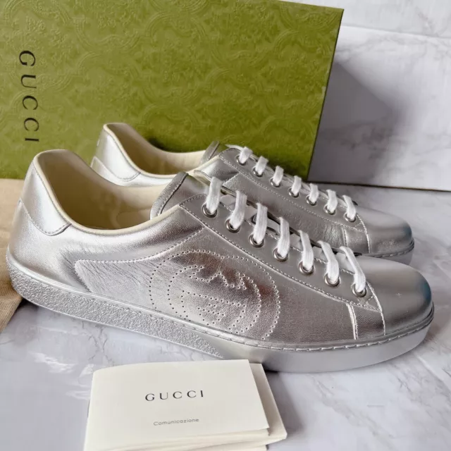 NIB Gucci Ace Mens Low top Interlocking GG Sneaker 660266 Silver Leather US 10 3