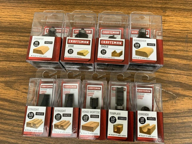 Craftsman 9 Pc Router Bit Cove Chamfer Corebox Hinge Mortise Ovolo 1/4" Collet