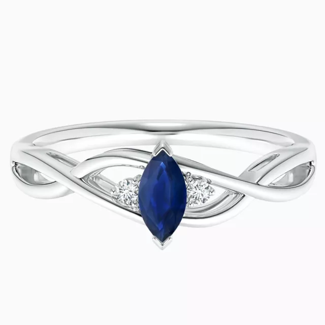 Criss-Cross Shank Marquise Blue Sapphire Three Stone Ring 925 Sterling Silver