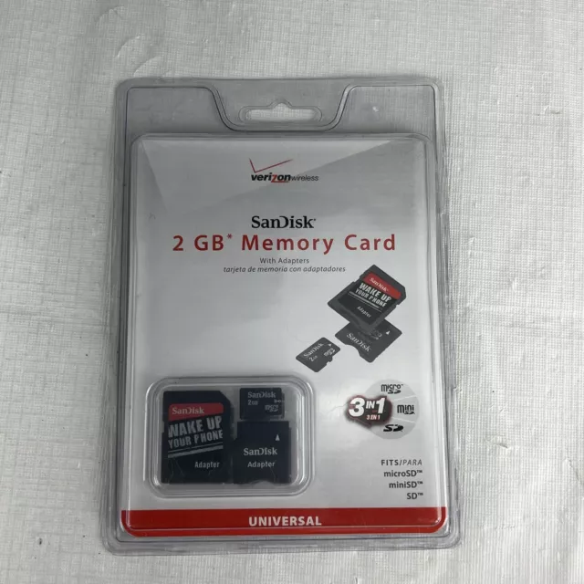 Sandisk 2GB Memory 3 in 1 MicroSD Card with Adapters Verizon Wireless NOS New