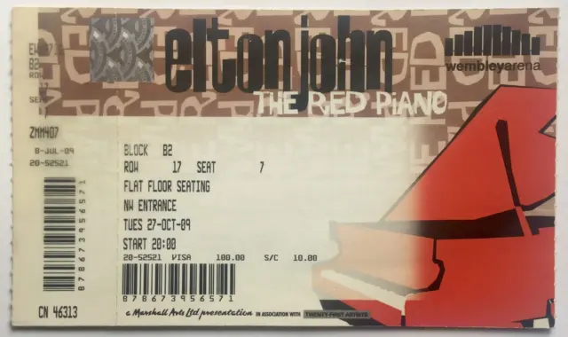 Elton John Original Unused Concert Ticket Wembley Arena London 27th Oct 2009