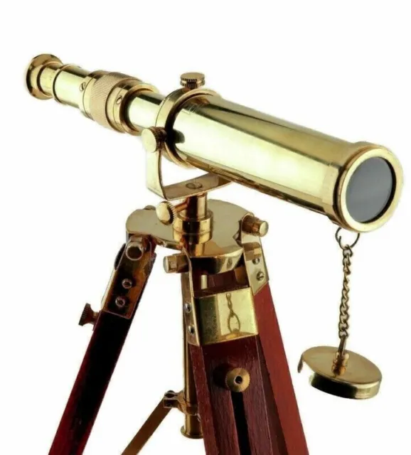 Brass Telescope With Wooden Tripod Stand Maritime Nautical Desk Décor