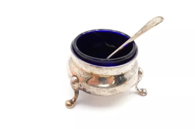 Vintage Birks Sterling Silver Salt Cellar Blue Cobalt Glass Footed