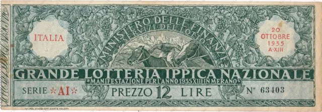 1935 Grande LOTTERIA Ippica Nazionale Manifestazione XIII Merano biglietto