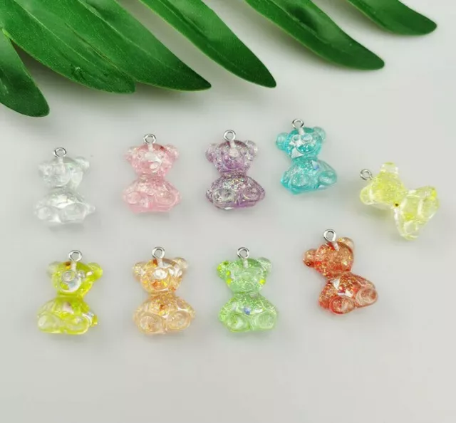 6 x Teddy Bear Glitter Resin/Acrylic Charm Pendants 25mm x 17mm Jewellery Making