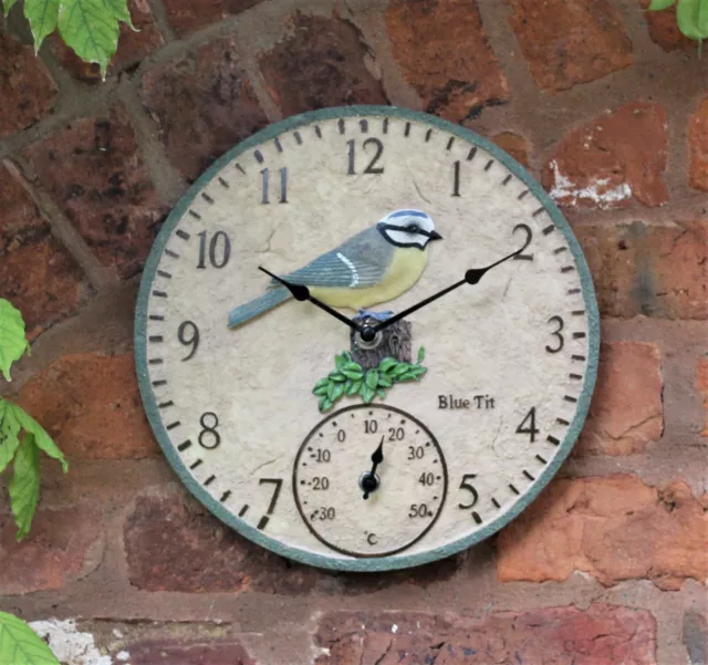 Garden Wall Clock Thermometer Outdoor Indoor 12 inch Bird Blue Tit Birds Design