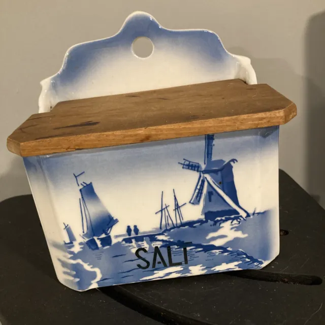 c.1920's Ditmar Urbach Blue & White Sail Boat Porcelain Salt Box  Czechoslovakia