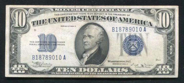 Fr. 1703 1934-B $10 Ten Dollars Silver Certificate Note Scarce Series Very Fine+
