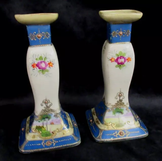 Pair Antique Kinjo China Nippon Hand Painted Porcelain Candle Stick Holders 5.5"