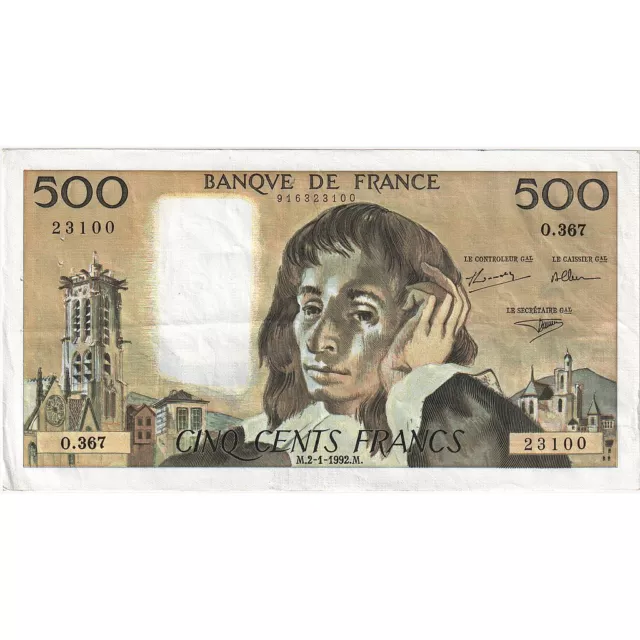 [#636420] France, 500 Francs, Pascal, 1992, O.367, TTB+, Fayette:71.49, KM:156i