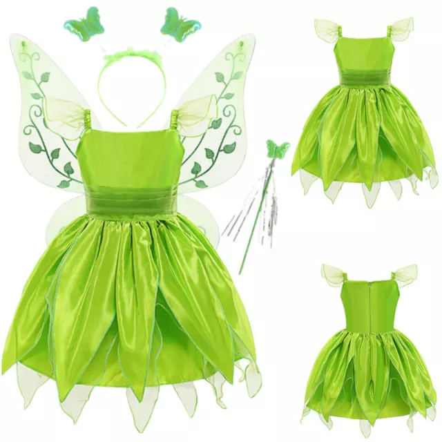Girls Tinker-Bell Princess Costume Elf Cosplay Dress + Hair Hoop Wand Wings Set