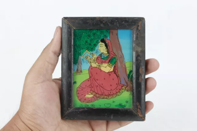 Marche Arrière Verre Peinture Ancien Fait à la Main Indien Femme Photo Cadre