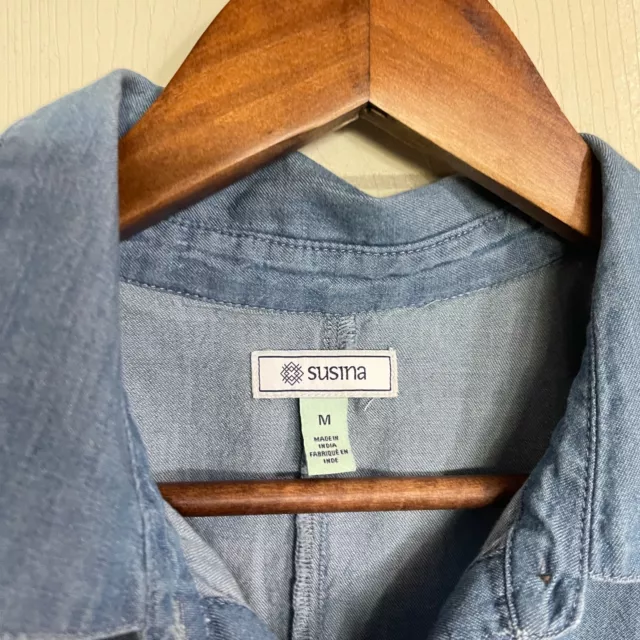 Susina Nordstrom Womens Blue Denim Chambray Button Boxy Semi Crop Blouse Medium 2