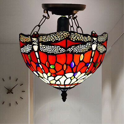 Red Dragonfly Tiffany Ceiling Lamp 10 inch Stained Glass Shade Antique Style