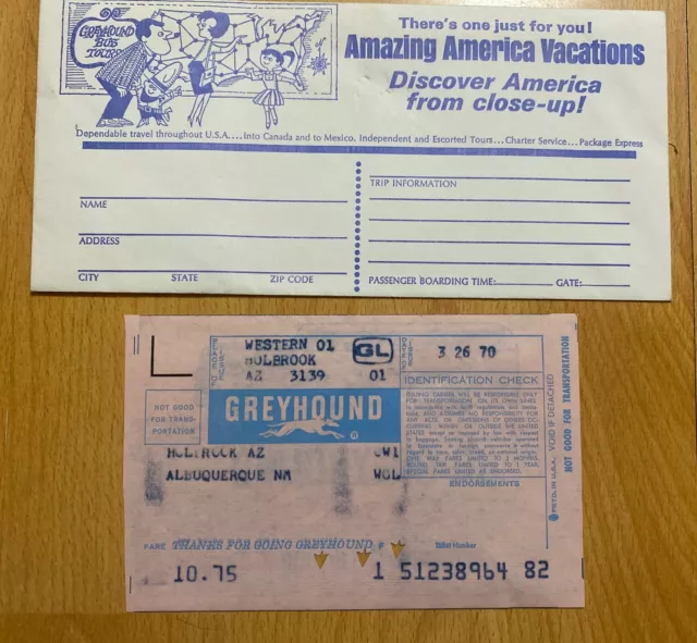 Vintage 1970 Greyhound Bus Ticket Holbrook AZ To Albuquerque NM With Envelope