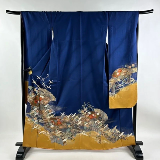 Japanese Kimono Furisode Pure Silk Folding Fan Crane Gold Paint Deep Blue