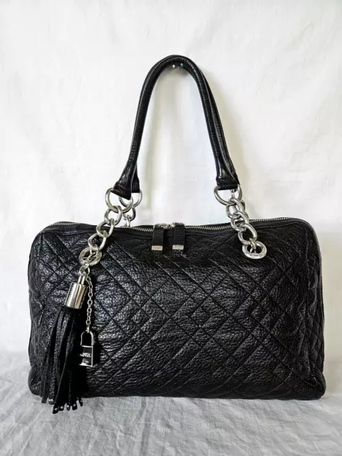 Calvin Klein Quilted Black Leather Satchel Signature Lining Tassel