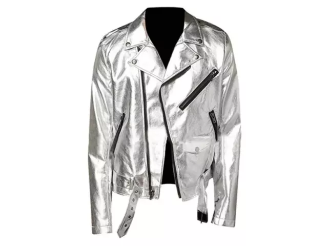 Men's Real Leather Shiny Silver Metallic Belted Biker Jacket Classic Exotic Coat