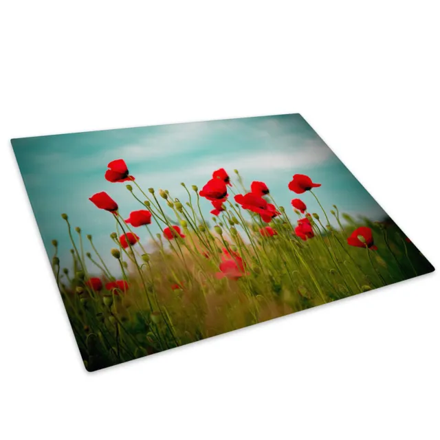 Red Poppy Flower Green Blue Glass Chopping Board Kitchen Worktop Saver Protector