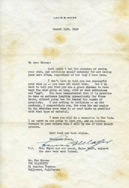 Louis B. Mayer - Typed Letter Signed 08/24/1949